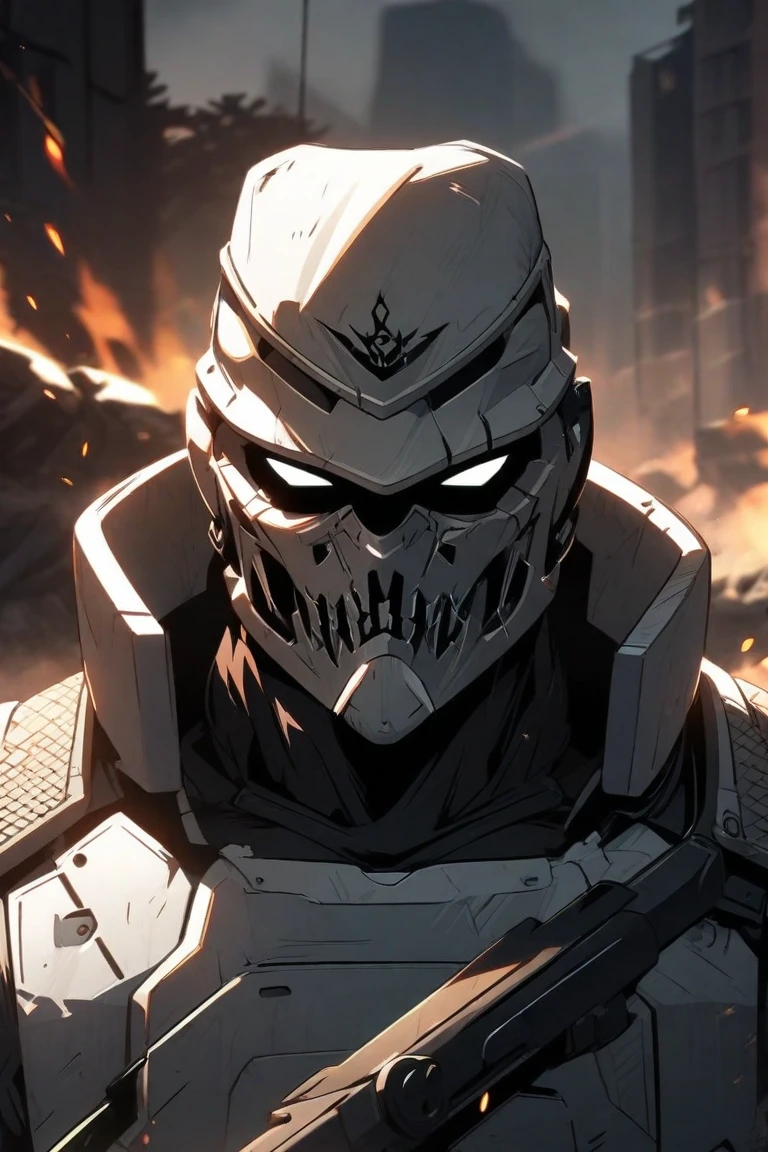 masterpiece, best quality, portrait of goblin slayer, 1boy, flaming eye, armor, helmet, black armor, blood, full armor, glowing, glowing eye, helmet, knight, male focus, plume, solo