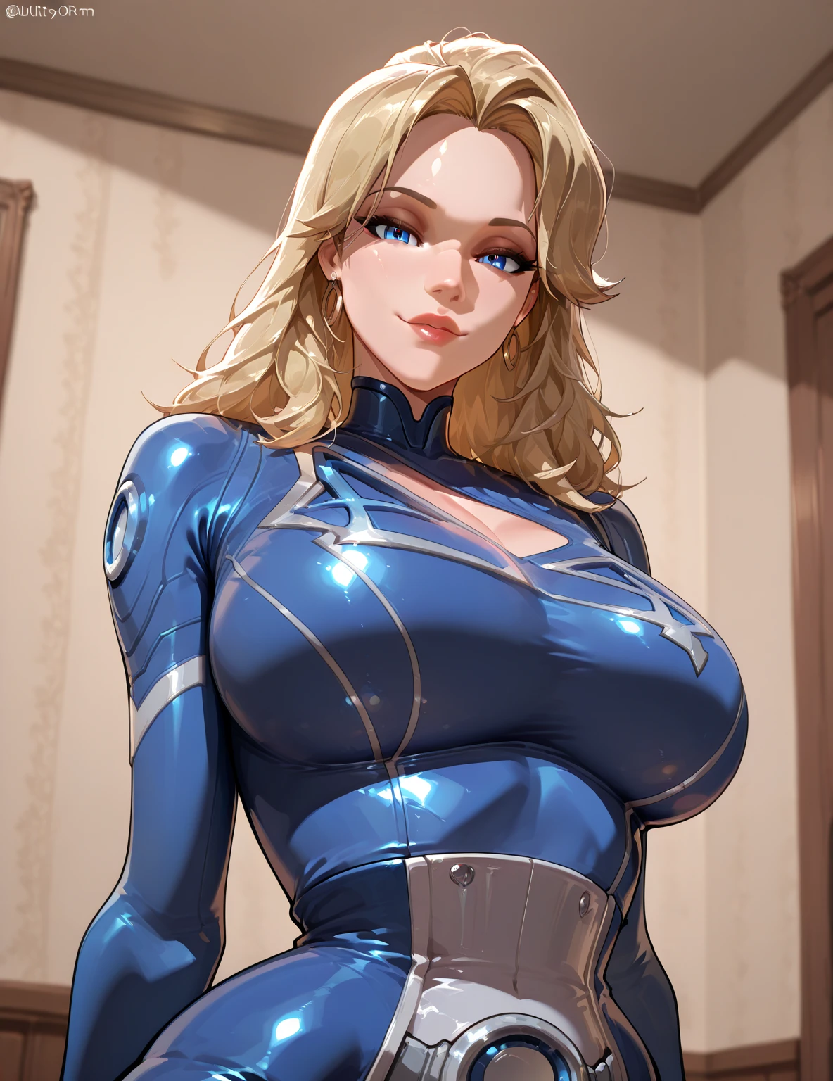 ((masterpiece)), ((high quality)), ((super detailed)), ((high resolution)), ((8k)),a beautiful woman, ((She is one of the most famous actress in Japan.)), unparalleled beauty, ((large breast:1.4)), ((large ass)), ((deep cleavage)), slim waist, chest out, ultra detailed face, perfect skin, (((waist length hair, ((long straight golden hair)), crossed bangs))), blue eyes, detailed eyes, whole body image, sexy, an inviting smile, sensual, (((anime))), ((glamorous)), sexual attraction ,23 years old, ((incredibly beautiful woman)), ((The H cup bust)), ((sexy pose)), ((neat and clean.)), (((Power Ranger))), heroine, (((high leg leotard, white line on blue colored power suit))), ((beautiful breasts)), beautiful legs, 8 life size, anime:1.4, the most beautiful and strongest, ((charm)), cyber punk,