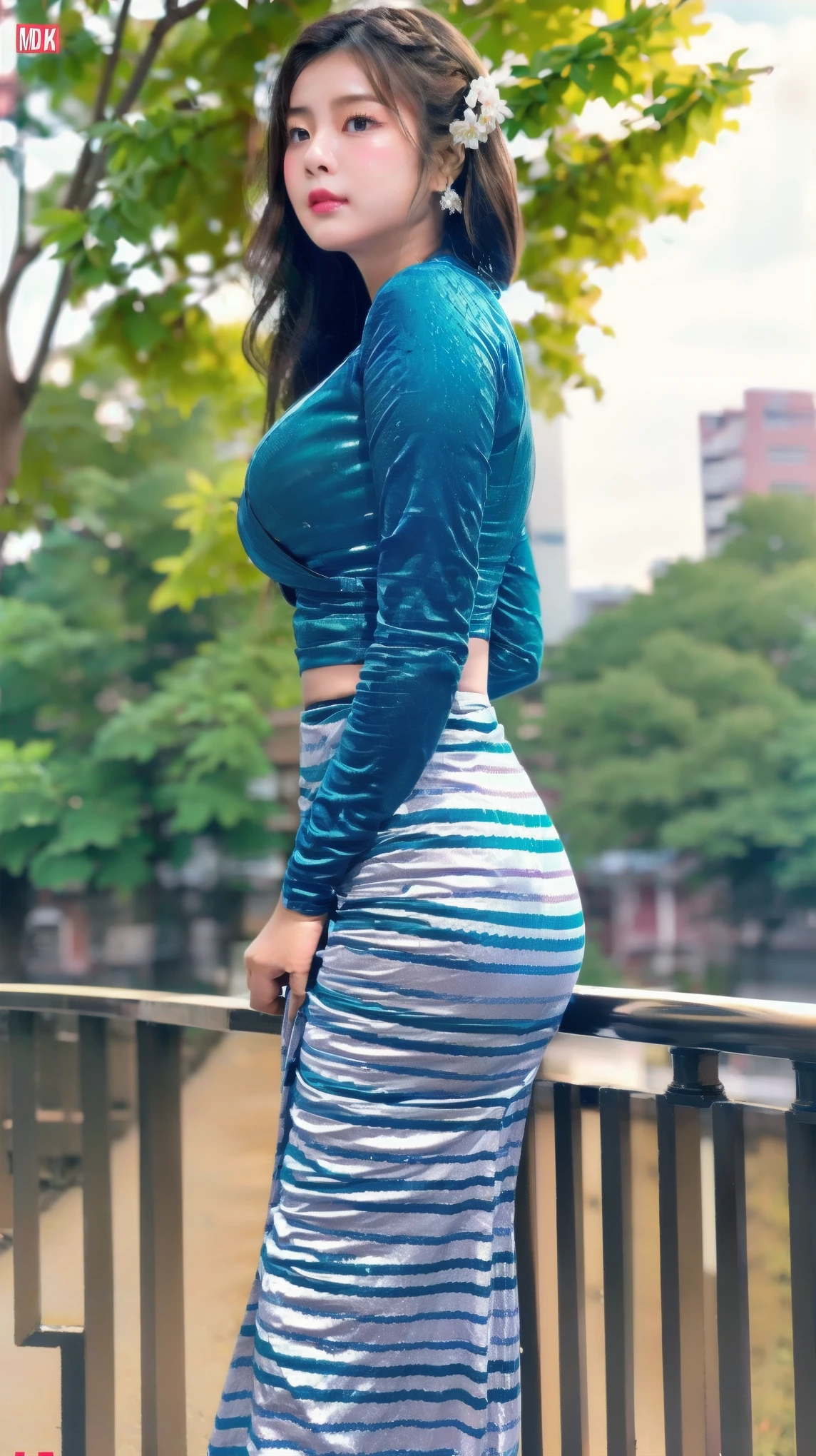 (ultra high res.photorealistic:.1.4,UHD), (best quality, 4k, 8k, high-res, masterpiece:1.2), ultra-detailed, (realistic, photorealistic, photo-realistic:1.37), (beautiful detailed, extremely detailed), perfect lighting, vivid colors, ( shiny hair, shiny skin), back shot, from below, standing and looking at the viewer, outdoor background, Burmese girl, acmm ls outfit, wearing acmm top, (white) acmm top, long sleeves, wearing acmm long skirt, (blue) acmm long skirt, printed skirt.