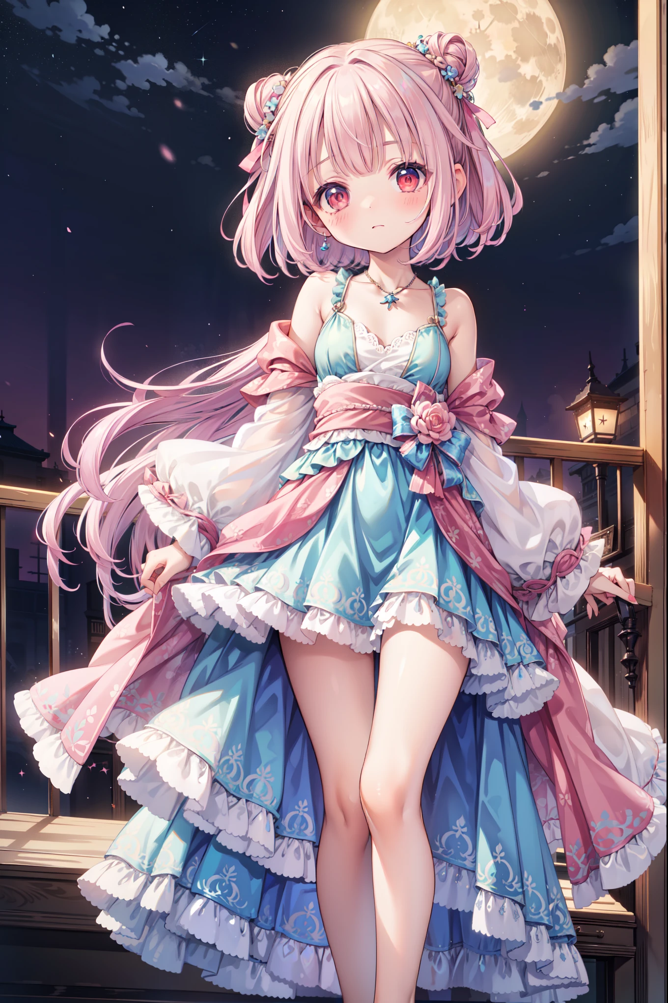 ((( best quality, high resolution , masterpiece , masterpiece , best , high resolution ))). a girl , Lonely. (((Mine is beautiful , cute girl, has beautiful pink hair , Short, slim , and anime faces))). She's a young girl , about , Has gorgeous white skin and long hair ,Moon Princess , ties her into a bun . She has depth, shining red eyes ,tilt. There is no expression on her face .. She has a medically correct body and adolescent breasts. Her limbs are slender, her limbs and fingers are medically correct . Her dress is white,Very short ((robe)), Hazy and transparent , has a blue ivy pattern . When she poses , When she poses , Her clothes fluttered in the wind . her background is a simple starry sky.