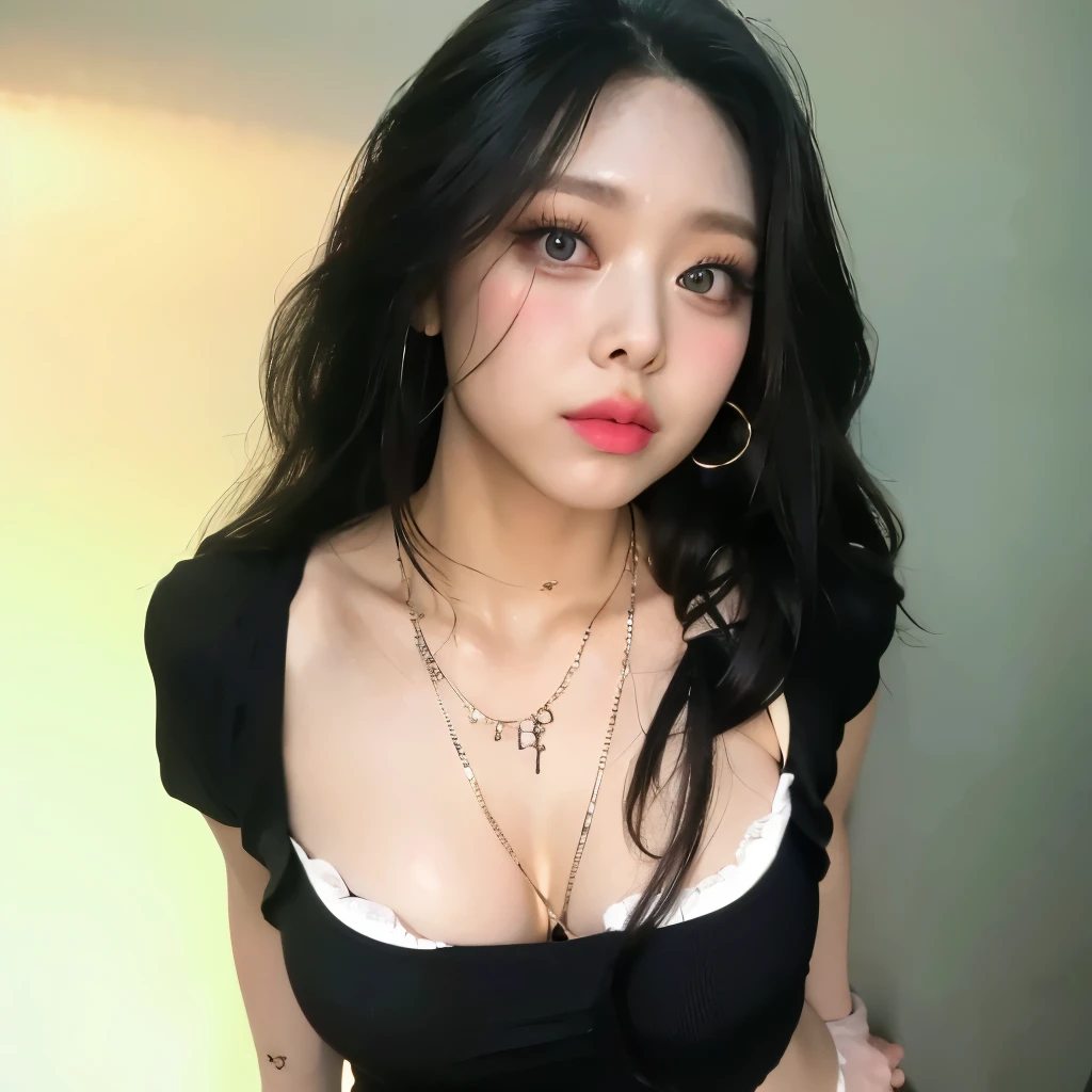 Blonde woman with long hair and a black blouse posing for a photo, , Popular makeup from South Korea , Linda Delphine, Korean girl, Long blond hair and big eyes , retrato de jossi do blackpink, Long blond hair and big eyes , with long hair and piercing eyes , sexy face with full makeup , blonde hair and big eyes