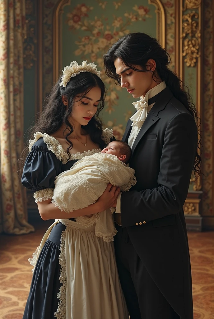 victorian era, 23-year-old man, robusto, curly black hair and 20 year old girl, , fue una pareja, with a 6 month old baby on your lap, cabello rizado, Varias poses y expresiones frente a un cuadrado., Historical novel book illustration style, sencillo, long chestnut brown hair, Chaquetas individuales, formal, Colores claros. Hablando con el padre de tu esposa, caballero mayor, de nobleza, Short brown hair, mirada seria, in a room inside a mansion