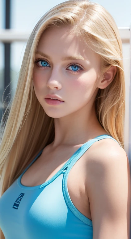 1 girl, 19 years old, solo, super long straight hair, huge , bright look、Looking at Viewer, ((Glossy bright silky blonde hair))、Very beautiful eyes and disheveled bangs between the nose and eyes、white skin、Shining beautiful skin、Glossy skin、gross face、cheek gloss、small face beauty、bare shoulders, jewelry, whole body, (Highly detailed 8K wallpaper), soft lighting, high quality, film grain, Fujifilm XT3 sharp focus, F 5.6, high detail, Tits sharp focus,(natural light), (Close-up:1.2), (seductive tits), off shoulder t-shirt, Reality, sexy、She has beautiful big bright pale blue eyes、very big eyes、eyeliner、young face、round face、cheek glossハイライト