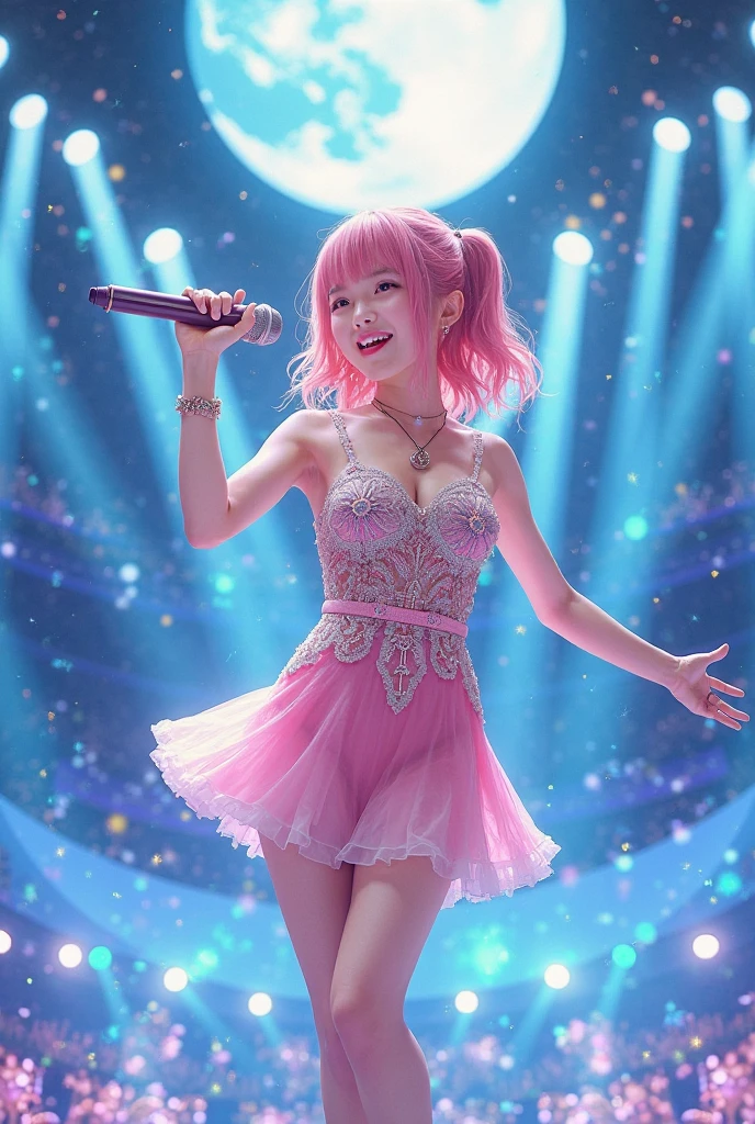 (belly), (crop top look), 18 years old, Japanese female, idol, whole body, fantasy image, concert, singing while dancing, standing, gypsophila, neat, front, glitter, Rainbow colors, short hair, hair blowing in the wind, slender, cute, see-through, floral costume, pastel lighting, confetti, miniskirt, big breasts, expose breast, more_details:-1, more_details:0, more_details:0.5, more_details:1, more_details:1.5,photorealism, highly detailed, incredibly absurdres, ultra detailed, high resolution, realistic lighting, photorealism, hyperrealism,masterpiece,vibrant colors,stunning visuals,ultra skin texsture,stable diffusion,perfect anatomy,crazy details