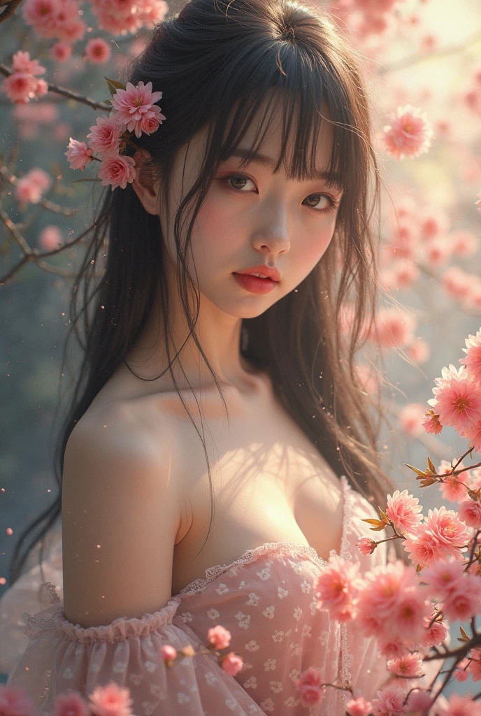 Masterpiece,Very detailed CG unity 8k wallpaper.,2 girls, 16 years old,beautiful, realistic, Blurry, Blurry_background,  brown_hair, plum blossom, Depth_of_flower garden, nose, realistic, alone,Chinese, (((totally naked,I wasn&#39;t wearing anything.)))))), completely naked, ((((หีbeautifulรอยแยกแนบสนิทใขน))),(((Show off a well-shaped pussy.))))smile a little, ((full body shot))),Posing as a professional model
