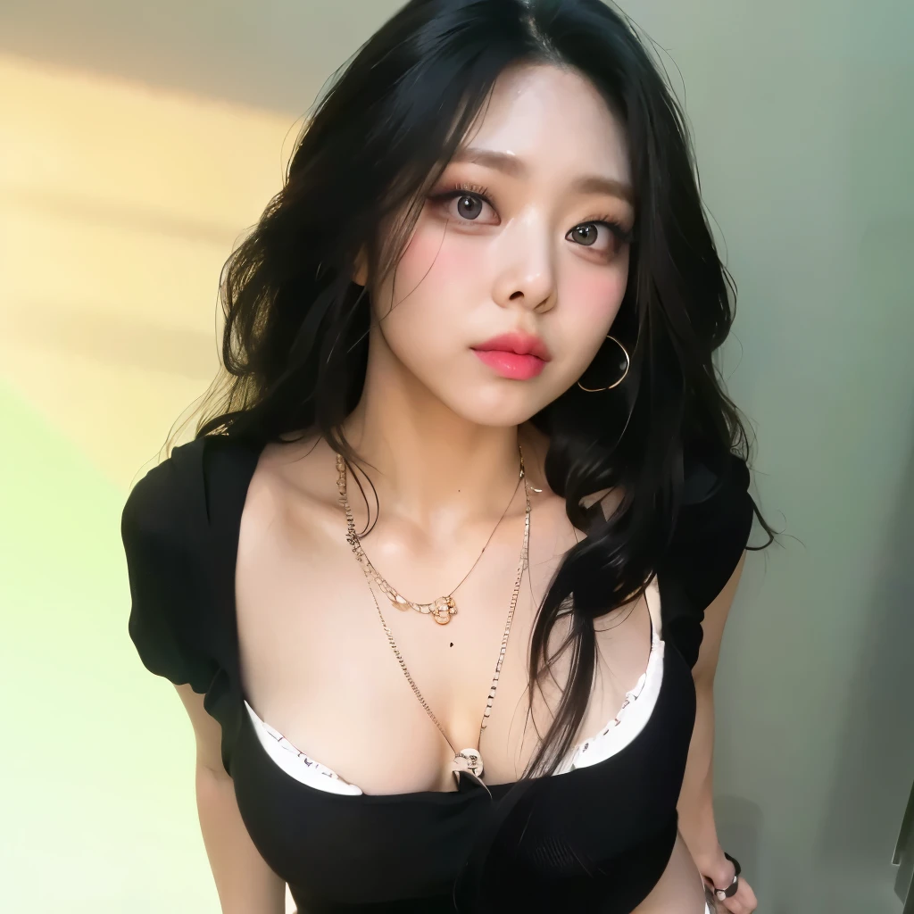 Blonde woman with long hair and a black blouse posing for a photo, , Popular makeup from South Korea , Linda Delphine, Korean girl, Long blond hair and big eyes , retrato de jossi do blackpink, Long blond hair and big eyes , with long hair and piercing eyes , sexy face with full makeup , blonde hair and big eyes