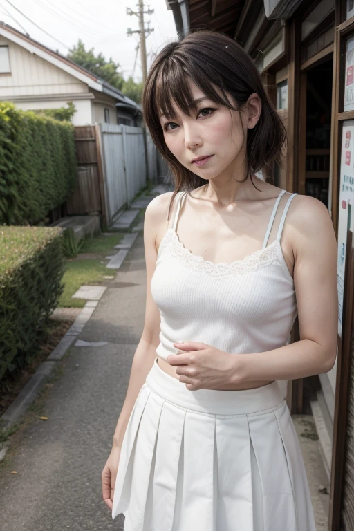 (Looking at the camera,looking at the camera),bent over:1,bent over:1,((The skin is wet from sweat)),Cleavage,Inside the house,entrance,Wearing a shirt,Looking down,Troubled face、Skirt Lift、Lift your skirt with your hands,woman, 20-year-old, Short Hair、bangs、(Plain Skirt),(White lace panties)、Cute earrings