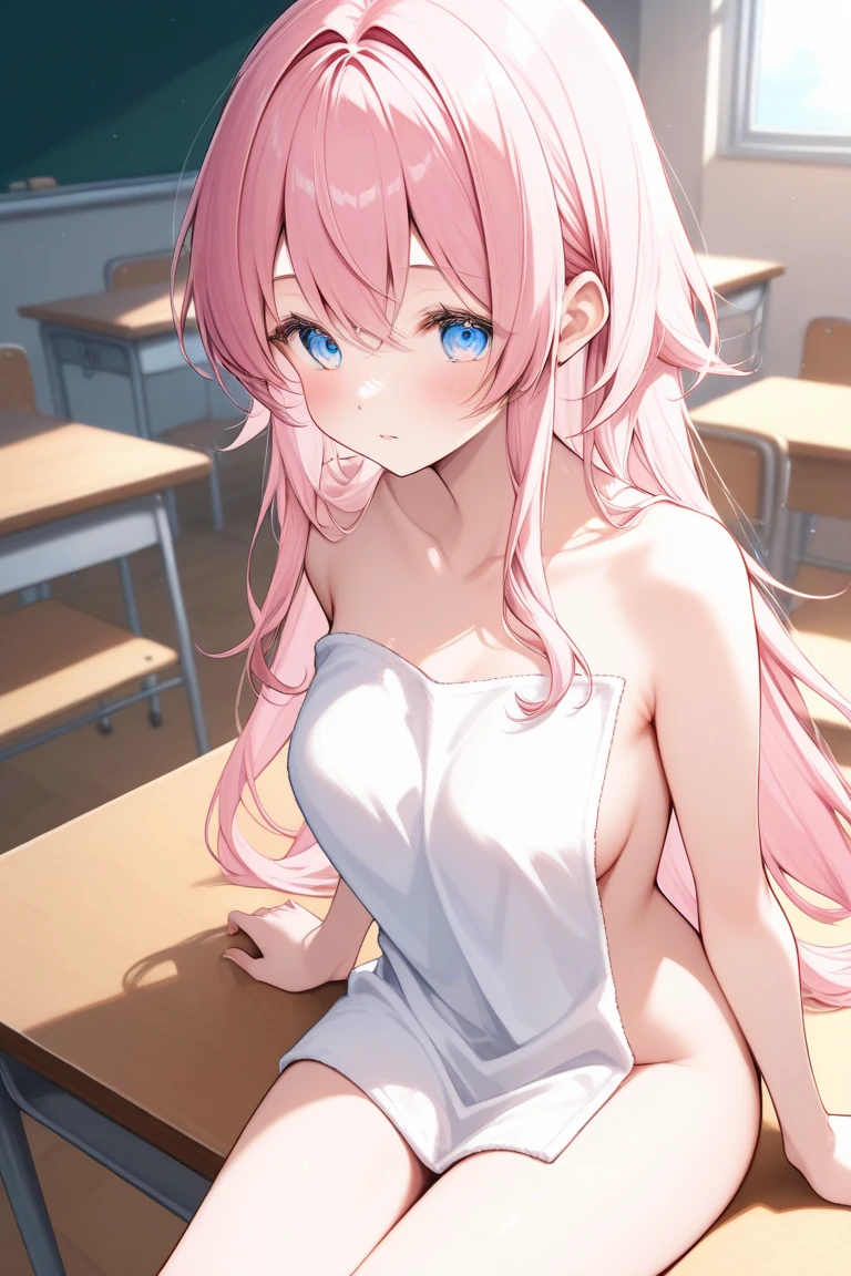 Best Quality,masutepiece,fullnude，look down on, Upper body,bright pink hair，Strands of hair,Fair skin,‎Classroom，tiny chest