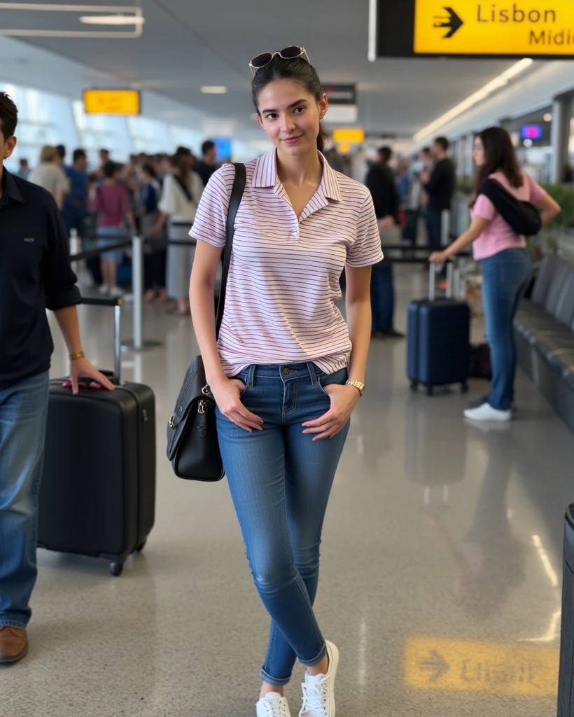 A stunning young women with dark brunette wavy hair and oval face shape is dressed in a casual yet trendy airport outfit. She wears a white cropped tank top paired with light gray sweatpants that cinch at the waist, exuding both comfort and style. Over her shoulders, she has draped a dark green zipper sweatshirt, adding a layer of warmth and a pop of color to her ensemble. To complete her look, she wears a matching dark green Nike cap that coordinates perfectly with her outfit.
Her pose is casual and natural, standing next to her luggage cart while intently looking at her phone. One hand is holding her phone, and the other is casually resting on the luggage cart. The surroundings reflect the busy ambiance of Delhi International Airport, with the check-in counters and airport signage visible in the background. The lighting is bright and artificial, typical of an airport setting.
Accessories include a large brown Louis Vuitton duffle bag placed on top of a black suitcase, adding a touch of luxury to her casual look. The footwear, not visible in the photo, can be imagined as comfortable sneakers, suitable for traveling. Her Location is Delhi International Airport in Delhi which is in India.