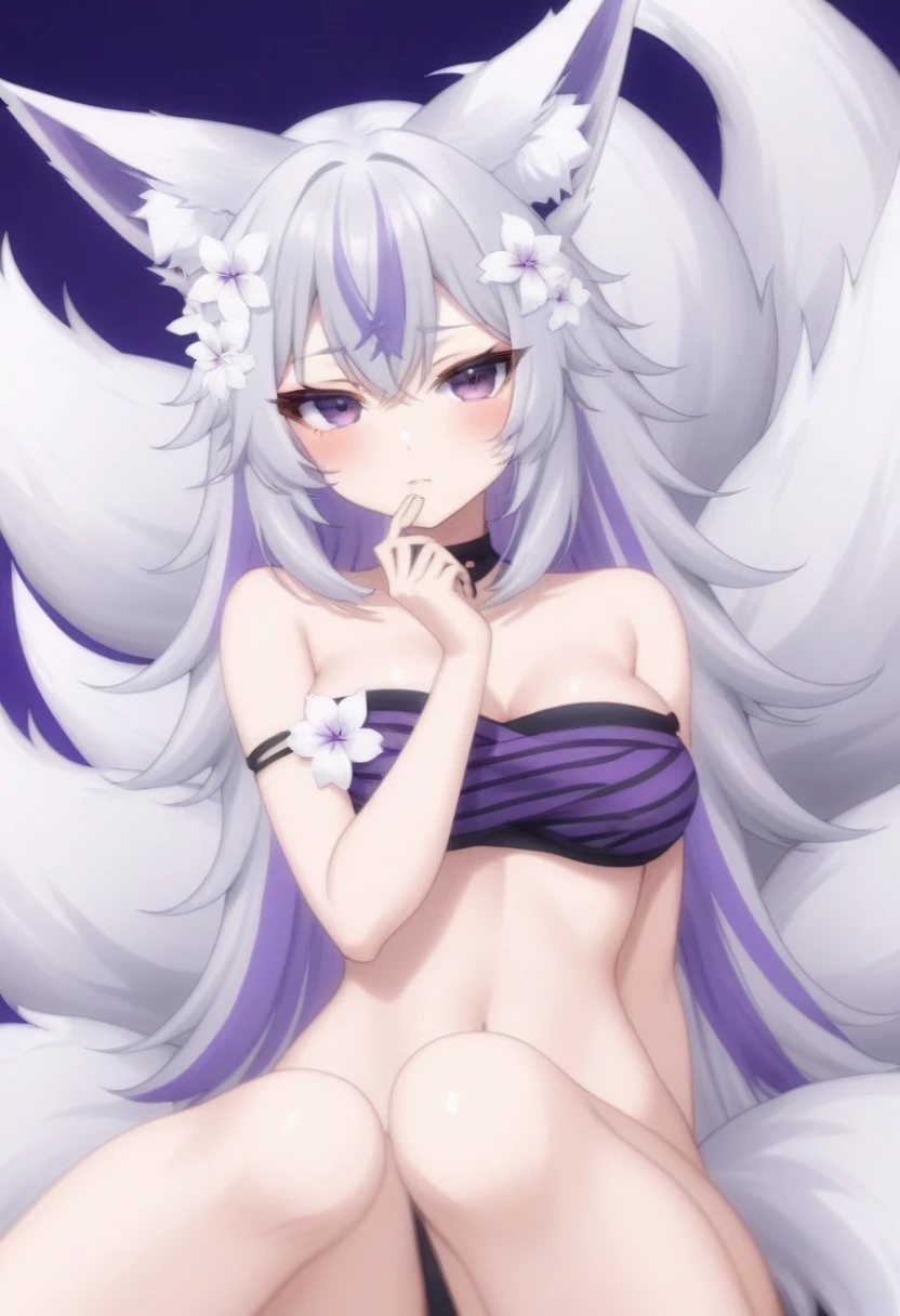 Beautiful girl foxgirl, medium large breasts,purple hair with pink highlights tips, masterpiece , red eyes, sexy, anime styled, 2D, mature, dynamic angle, long hair, sexy, fox tails, sexy pose, night time, beach, black bikini