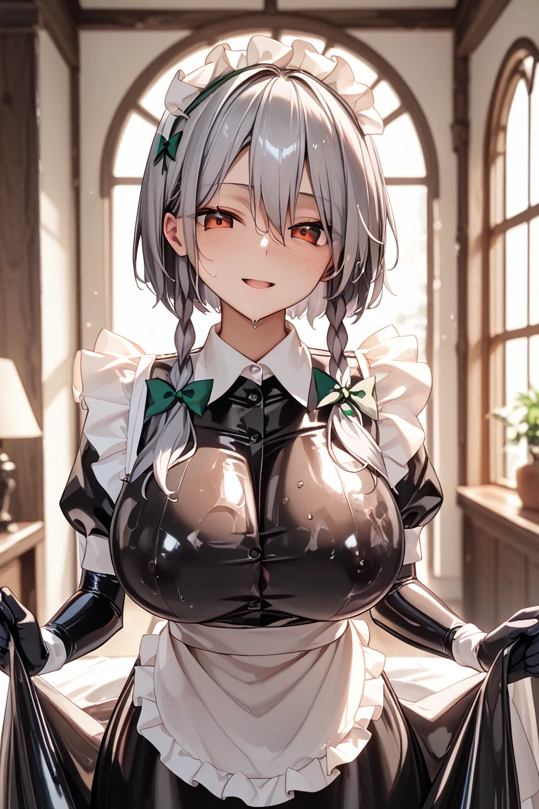 (4K,8K,ultra-detailliert, Beautiful and aesthetic, masutepiece, Best Quality),The whole body is reflected,(Precise limbs),((View from the front)),A detailed face,precise limbs,((A facility with a large number of tentacles)),((A body covered in cloudy sweat)),(((A viscous white liquid is dripping down the body.))),(((very super big tit))),shirogane noel, braid, french braid, (green eyes:1.5), grey hair, hair ribbon, ribbon, short hair, snowflake choker, wavy hair, huge breasts, mole, mole on breast,armor, black gloves, black thighhighs, cleavage, fingerless gloves, gloves, headband, long sleeves, thighhighs, zettai ryouiki,(Desperately running away)