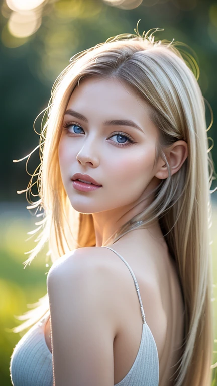 A photorealistic portrait of a 20-year-old russian girl with long, flowing blond hair and striking brown eyes. She should have a natural, approachable expression and be illuminated by soft, golden-hour sunlight. The background should be a scenic outdoor setting, perhaps a sunlit park or beach. Capture this image with a high- resolution photograph using an 85mm lens for a flattering perspective.
