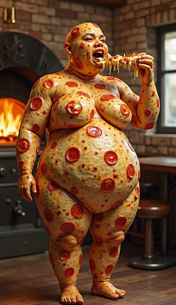 A Pov you are on a date, Pov happy and detailed photo of a cute ginger freckled SSBBW, with long wavy ginger hair, with big soft fat belly, small saggy breasts in a cute orange dress, sitting at a small table in a beautiful authentic italian restaurant at night, there is one giant family-sized pizza ahead of her, she is sitting on a chair behind a small table and huge pizza
