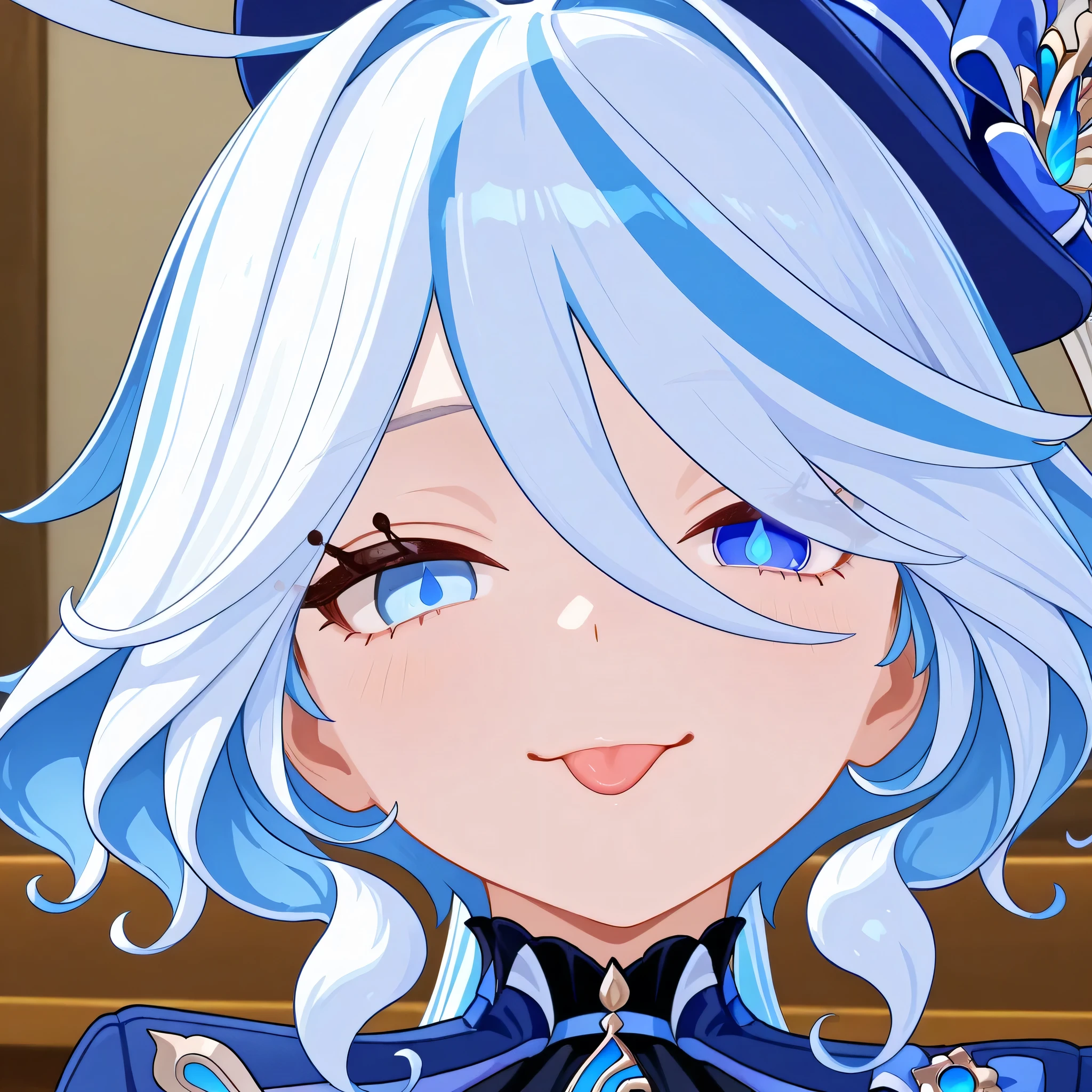 furina genshin impact, close up, showing confidence, head tilt, smug face, tongue out
