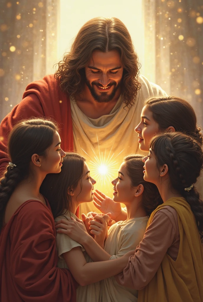 Jesus smiling and hugging children, 1:3 photography, soft lighting, soft details, octane, trend artstation, ultra high detail, ultra realistic, cinematic, 16k