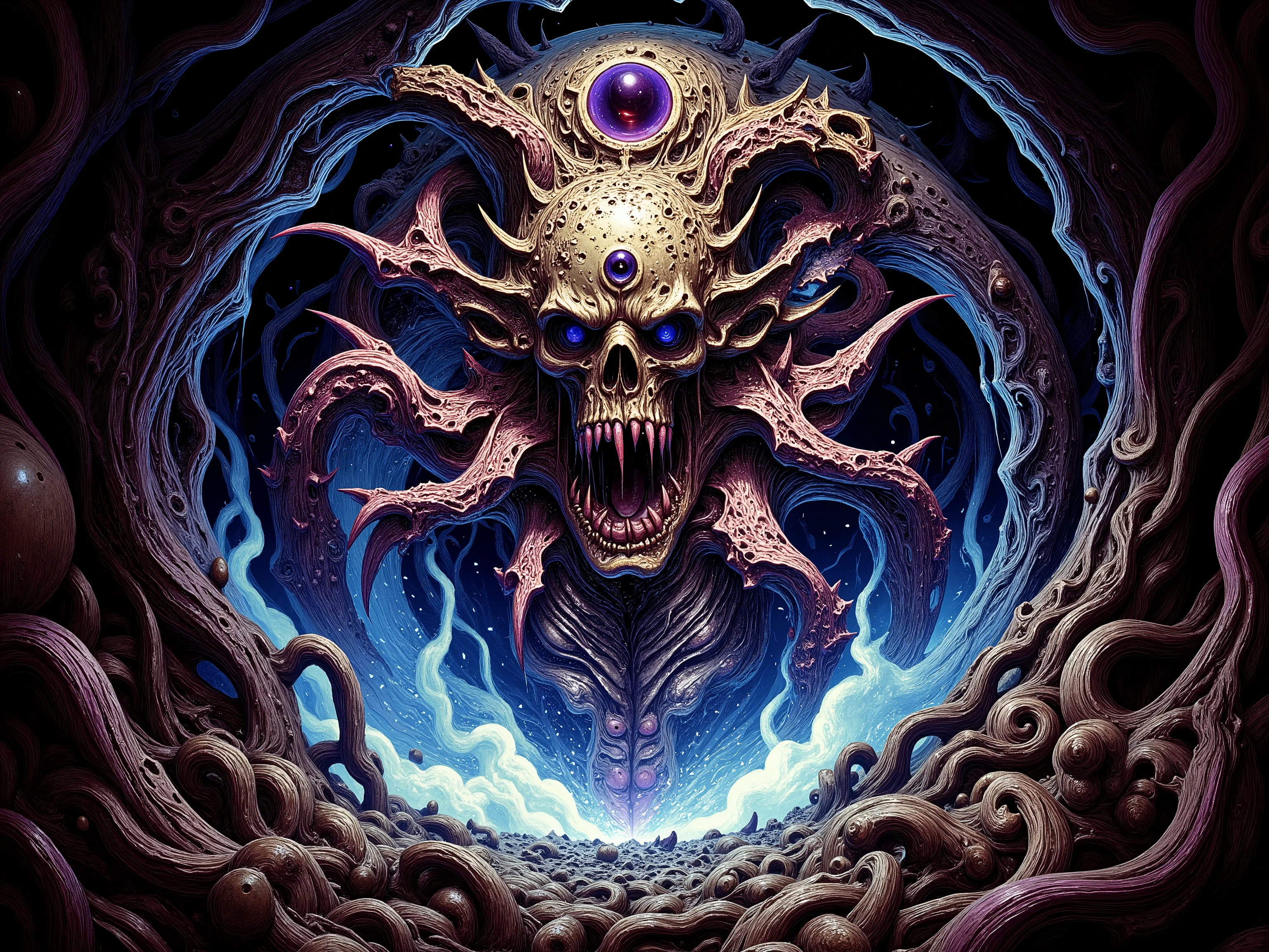 a painting of a giant monster coming out of a tunnel, concept art, inspired by Aleksi Briclot, fantasy art, andreas rocha style, intricate Eldritch Lovecraftian mythos digital art, psychedelic art, vivid colors anatomical, madness creature, anaglyph, about to consume you, the cytoplasm