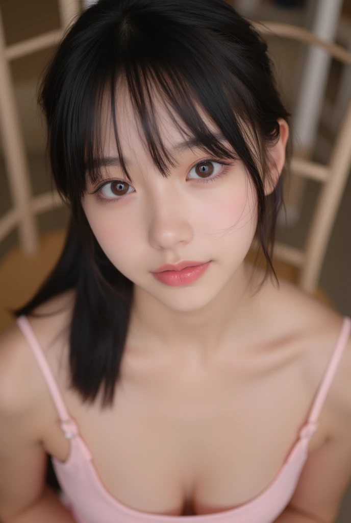 A beautiful woman with a gentle and charming Japanese spirit, half body photo, delicate and sexy clavicle, Attractive plump face, double eyelid, smart droopy eyes, pink lips, small upturned nose, small breasts, bare shoulders, concentrated face, close up of face, ultra high resolution