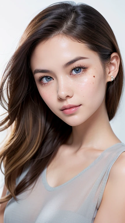 (UHD, retina, masterpiece, accurate, anatomically correct, textured skin, super detail, high details, high quality, best quality, high res, 1080P, HD, 4K, 8k, 16k), (beautiful detailed dark blue eyes, beautiful detailed lips, extremely detailed eyes and face, gorgeous supermodel), studio lighting, physically-based rendering, vivid colors, (large sexy breasts), tank top, (Medium Closeup, MCU, side cut, side swept shiny hair, shiny skin, blush), (bokeh), eye reflection,, dark atmosphere, highly detailed skin texture, extreme details, perfect breast, dark tanned skin, freckles,, ultra detailed skin texture, soft lights, dark skin, bmb-fc