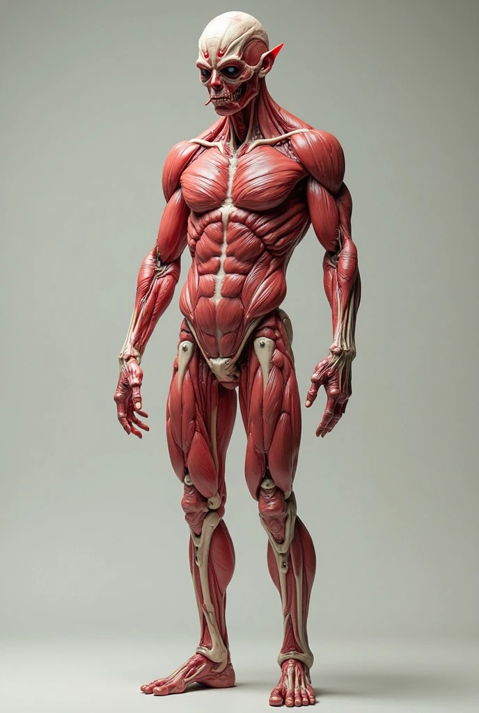 "A terrifying, full-body image of a human figure where the skin is entirely removed, revealing only the intricate network of muscles, tendons, and sinews. The figure stands in a dark, eerie environment, with shadows accentuating the contours of the exposed muscles. Blood vessels snake across the body, pulsing with a dim, unsettling glow. The face is a horrifying sight, with no skin to cover the raw muscle tissue and tendons, eyes wide and glowing with a sinister light. The overall atmosphere should evoke fear and unease, as if this figure has been pulled from a nightmare, with every detail emphasizing the grotesque and unnatural nature of the exposed anatomy."