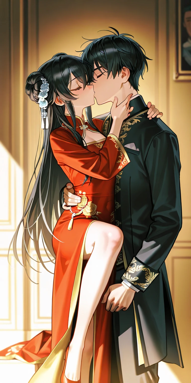 Period drama manga style A 15-year-old super beautiful Chinese girl with black hair in a bun cut(1 person) She is wearing a royal long-sleeved Chinese dress She is hugged by the perverted old emperor and forced to deep kiss him, causing him to cry. She exposes her nipples and gets fucked by The Body Builder She puts her arms around his neck She wraps her legs around his body
