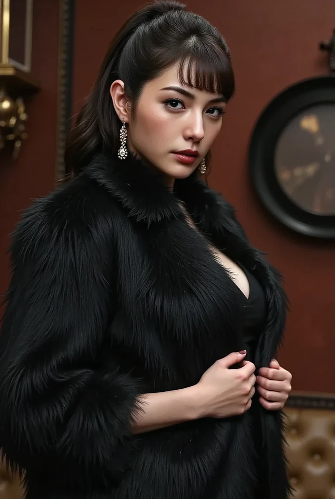 a woman posing for a photo, (wearing elegant dress:1.2), 
good hand,4k, high-res, masterpiece, best quality, head:1.3,((Hasselblad photography))n, sharp focus, (cinematic lighting), night, soft lighting, dynamic angle, [:(detailed face:1.2):0.2],(((city background))), outside,(wearing oversized_fur:1.3),   <lora:oversized_fur-10:0.5>
