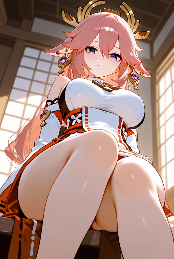 (masterpiece), (1girl), (hands on own knees), (smirk), (looking at viewer), (from below), (grass), (sky), (yae miko), (yaemikodef), (pink hair), (hair bow)