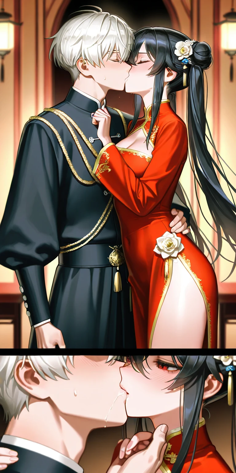 Period drama manga style A 15-year-old super beautiful Chinese girl with black hair in a bun cut(1 person) She is wearing a royal long-sleeved Chinese dress She is forced to be held by the perverted old emperor while facing each other and cries. She exposes her nipples and faces the man as he inserts his penis into her pussy and they begin having sex. She looks at the man and entwines her legs with him.