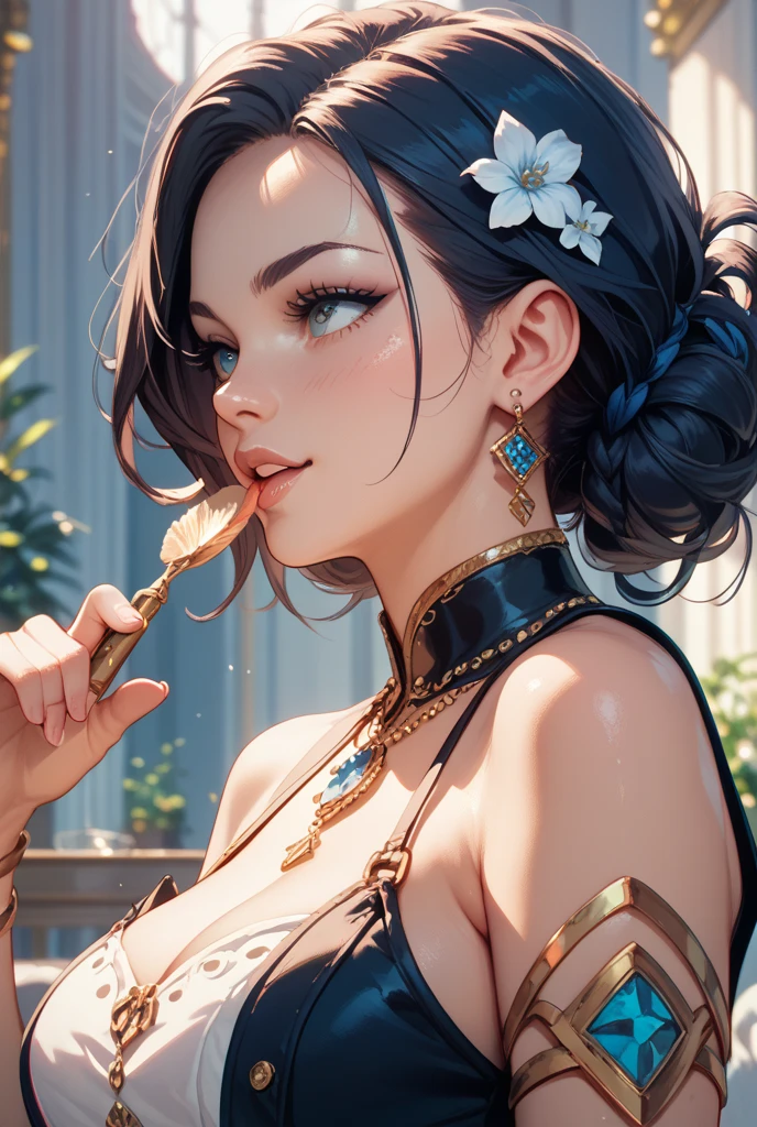 Ahri da league of legends,(best qualityer,4K,8k,high resolution, work of art:1.2)(weather: moonlight), Japanese female, magical forest background, black and red korean kimono dress, cleavage, magic sphere, cute makeup, thigh high boots, belt, long black hair, braided hair, fox ears, silver fox tails, freckles, ultra detailed, realistic, portrait, beautiful detailed yellow eyes, beautiful detailed lips, extremely detailed eye and face, beautiful girl, long eyelashes, average, large breasts, beaming smile, dramatic pose, bright coloured, dramatic lighting,