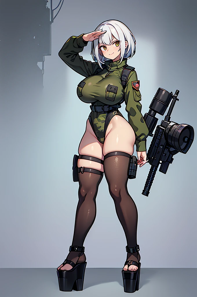 green solid background, 1 woman, best quality, ultra high res, long hair, full lips, white hair, red eyes, loose military jumpsuit, dog-tag necklace, smiling at viewers, wearing black gloves, wearing black combat boots, double D breast, standing, full body