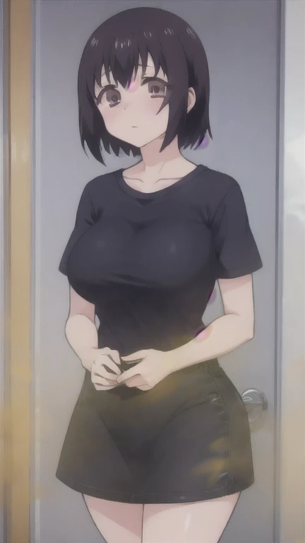 1girl, solo, looking at viewer, blush, happy, blushful, short hair, large breasts, shirt, black hair, collarbone, blue pants, standing, sweatdrop, black eyes, black shirt, opened mouth, curvy, sexy, official art, extremely detailed CG unity 8k wallpaper, Colorful, (masterpiece:1.0), (best_quality:1.0), ultra high res, 4K, ultra-detailed, photography, 8K, HDR, highres, absurdres:1.2, film grain, blurry background, bokeh:1.2, (vibrant_color:,