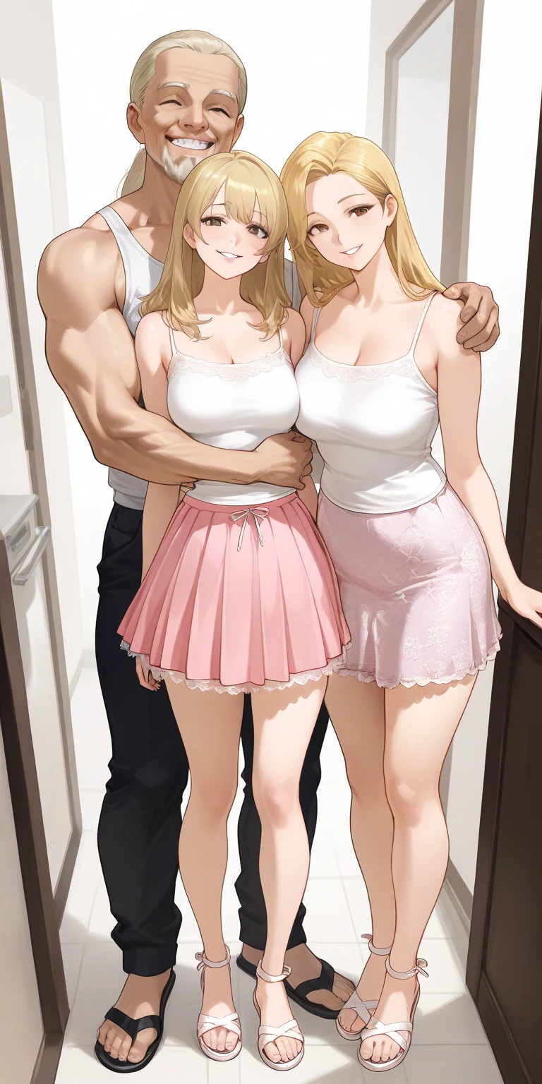 score_9, score_8_up, score_7_up, score_6_up, source_anime, BREAK, 1girl, 2boys, ((mature female)), 2boys, mmf, standing side by side, faceless male, ((gyaru)), muscular male, ((size difference)), clothed, gyaru fashion, breast grab, cuckold pov, ((netorare)), ntr, cuck, cuckolding