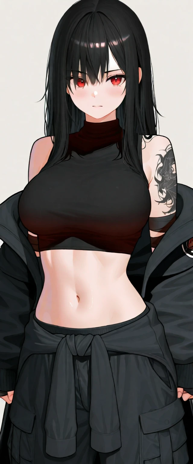 Boy, Asian, , adult, tattoo, lipstick, gothic, girl face, serious face, , black hair (ponytail with bangs),perfect body, fit body, thin waist, muscular, yoga pants, big sweatshirt