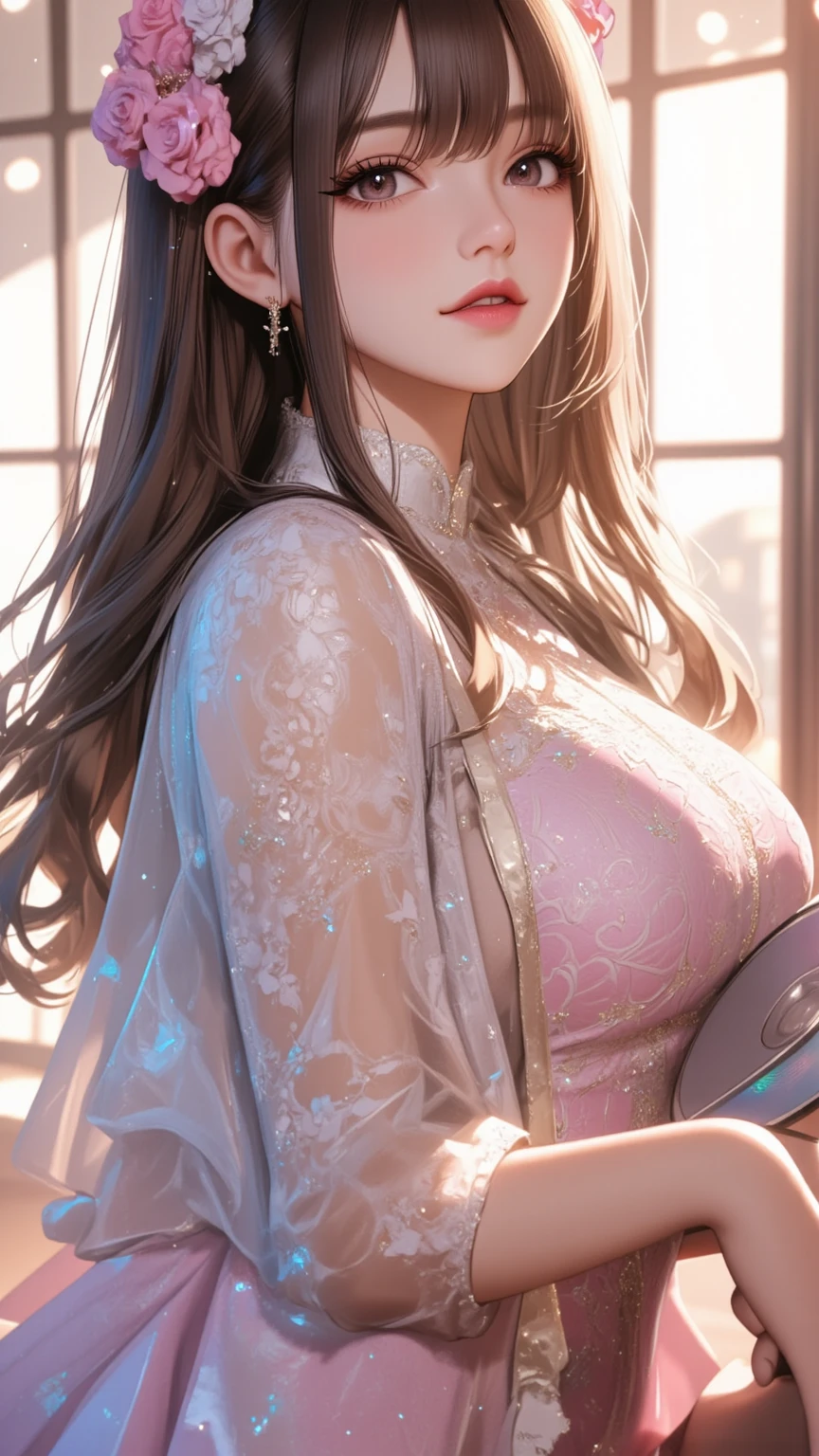50 year old mature woman, Looking at the audience, Attractive breasts,Sensual curves、bubble、Full Body Shot,Nightgown, Charming smile, Thick lips, Plump Lip, blush, Looking at the audience, Provocative expression, Beautiful Hairstyles, Cleavage, plump、Curvy Hips、Attractive face、Mischievous face、Sexy Lingerie、An inviting gaze、Expressing emotions、colored feather, Money Decoration, particle, Light, (masterpiece, highest quality, highest quality, Official Art, beautifully、aesthetic:1.2), (1 girl:1.3), Very detailed,(Fractal Art:1.1),(colorful:1.1)(Flowers:1.3),Most detailed, (Dynamic pose), (Shiny skin), (Many colors :1.4), ,(Earrings:1.4), (feather:1.4),masterpiece, 30~40 years, Mr.々Hair style,Money Headband,Tulle covers the chest,Perfect balance, Detailed details of the garment,marble,cinematicLighting, Film Grain, contrast of Light and dark,High detail,(((Gorgeous Accessories))))、Openwork decoration,(((See-through dress)))、(((Anatomically correct body))) ,1 girl, (High resolution), (8k), (Very detailed), Perfect Face, Beautiful eyes and face, (((highest quality))), (Very detailed), Detailed face and eyes, Beautiful Eyes,(((Sexy pose,Beautiful Eyes、Transparent double eyelids、(((Super gorgeous background)))、Bright Eyes,Money,diamond,gem,Body Chain,Luxury Accessories,beautifully、aesthetic,flower、(((Super gorgeous background)))、Bright Eyes