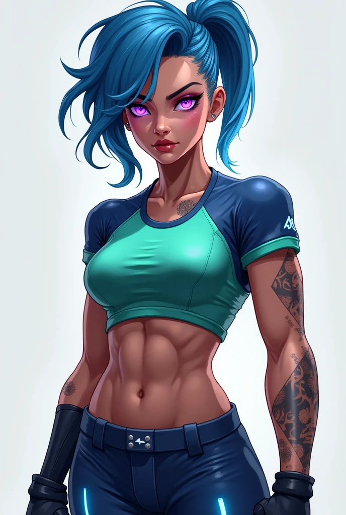 Realistic Anime,a fit woman with black and blue hair and orange eyes shining at the gym fanart anime with tattoos