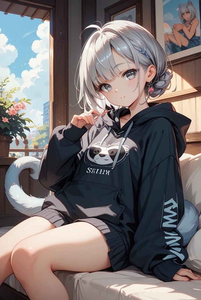 ((best quality)), ((masterpiece)), (detailed), perfect face
"Oversized grey sweater", "black short pants",
"Long grey hair", "violet eyes", "red pupils"
"facing straight", "slight blush on" "black sunglasses on head", "sitting on the bench", "background on the park"