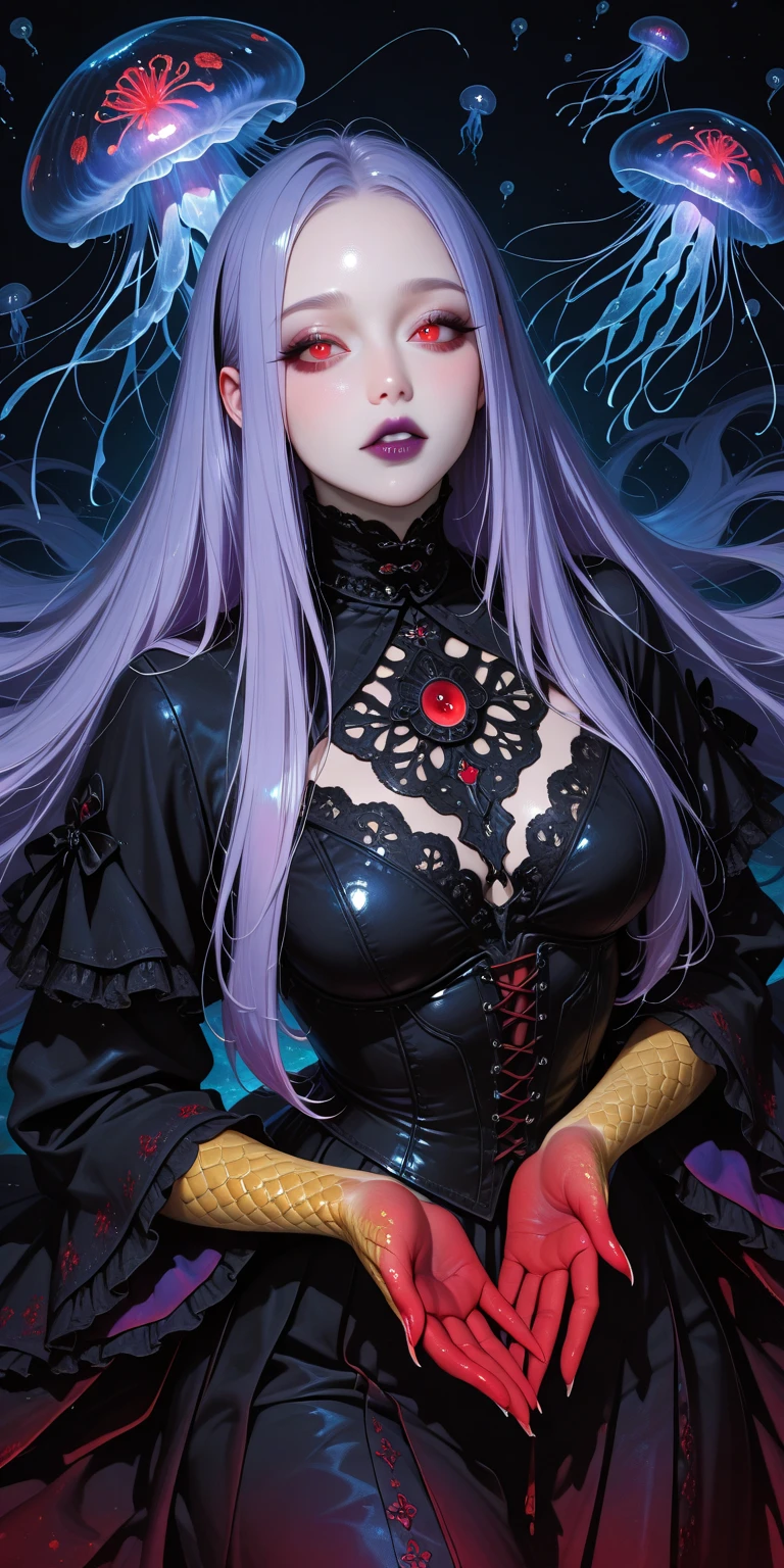 (Latina woman:2)、Hard Dark Gothic Makeup、deep night sky、Horror、Black dark eyeshadow、cry、sad、Good skin radiance、Dark Gothicメイク、Dark smile、palace、The beauty of fragrance、24-years-old、Expression of intense sexual pleasure、Embarrassed look、Dark Gothic、Obscene language、highest quality、View 5 books、Expression of sexual pleasure in suffering、Drunk face、紫のMaid clotheysterious、Noble、A face that is holding back the toilet、sexy、Loving smile、Twin tail hair、jet black ruffle skirt、Right blue eye, Left eye is red、Super bewitching pose、Platform Heel Shoes、Heavy makeup、Gothic Lolita Clothing、A little slimmer、(Lilac Hair:1.4)、Long Hair Straight Hair、Cute Gothic Lolita Dress、Beautiful Face、elegant features、Fascinating face、Knee-high socks、Stained glass background、Chest glistening with sweat、The room is dark、goth long dress、Bell Sleeves、Wizard Sleeve、decadent look、Sexually excited expression、Gothic Mode、Glossy thighs wet with water、Thighs that are wet and shiny with oil、Background of a room full of roses、sad expression、Rose Maiden、The embroidery is pink、The dress has pink embroidery、Thigh-high socks、Knee-high socks、Gentle expression、masturbation behavior、Dark black eyeshadow、despicable act、Stained glass and rose background、Wearing black underwear、Black panties、thighs are a little thin、Female Duo、female couple、I have lesbian friends、hug a girl、A blue lightning bolt glows in his right hand.、Blue electromagnetic waves shine in my hands.、dark church background、Stained glass、black metal world、Dark Castle、Dark Room、Slender body、upright、walk、Are standing、gothic long dresaid clothes、Victorian dresses、Her thighs glisten with sweat、My body is wet and shiny、Lots of glitter on the thighs、sweating、My thighs are sticky from sweating、Sweat glistens on the thighs, The whole body is sweaty and shiny、pretty sweaty、My thighs are sweaty、My thighs are so wet、My thighs are shining with sweat、A lot of sweat glistens all over the body、The thighs are the best、