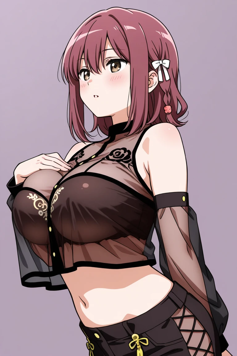 1girl, beautiful girl (30 years old), MILF, cute smile (reveling teeth smile), beautiful face, blue eyes, long hair, pink hair: 1.2, long hair, bangs, flower hair ornament, hair pin, hair bun, off-shoulders, bare shoulders, (half-body), looking at viewers, (japanese kimono, open chest kimono), Huge Breasts:1.1, perfect Huge breasts, highest quality, ultra-detailed, hyper detail face, detailed face: 1.2, round breasts, irezumi tattoo style, tattoo on breasts, tttattoo