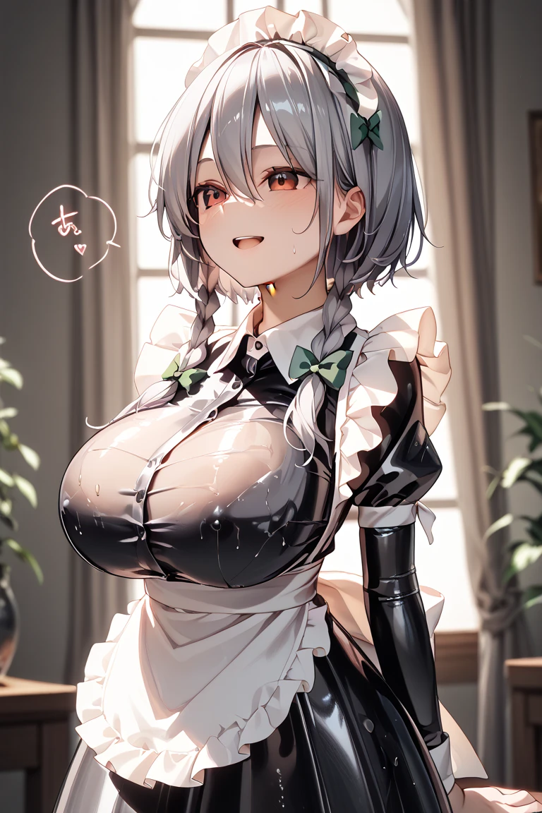 masterpiece, best quality, official art, extremely detailed CG unity 8k wallpaper, detailed background, (hand by Guido Daniele), (detail fingers), 1 mature girl, (maid outfit:1.12), (stockings:1.12), (silver, long hairhair:1.12), (ahoge:1.13), (green eyes:1.13),(high ponytail:1.11), (light smile),open mouth, steam, (huge breasts:1.7), cleavage, narrow waist, thighs, shiny skin,