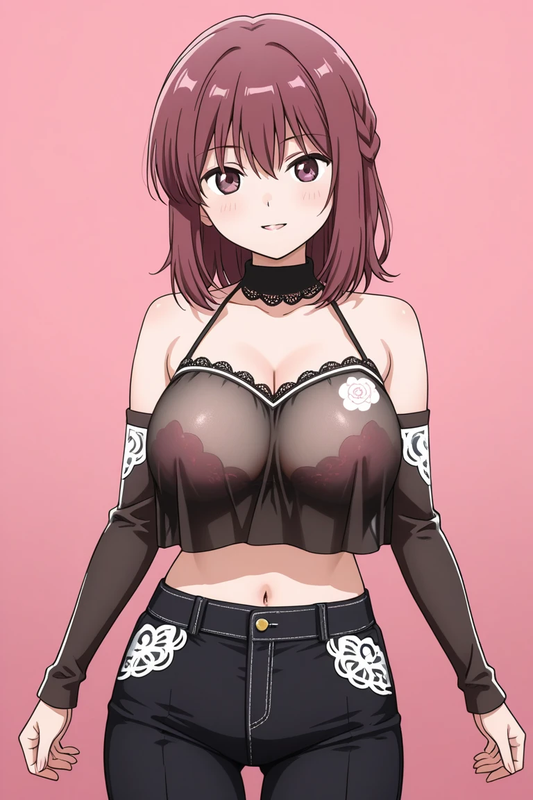 big lips, Brown hair, pink eyes, japanese face, improve, improve grin, two sides up, huge breasts, Wide hips, sexy, detailed, pink room, Hits, (evil smile1.4), kawaii, pleated skirt, punk, GOOD, Pink and black suit, plaid skirt, punk shirt, choker, punk skirt, punk shirt,navel piercing