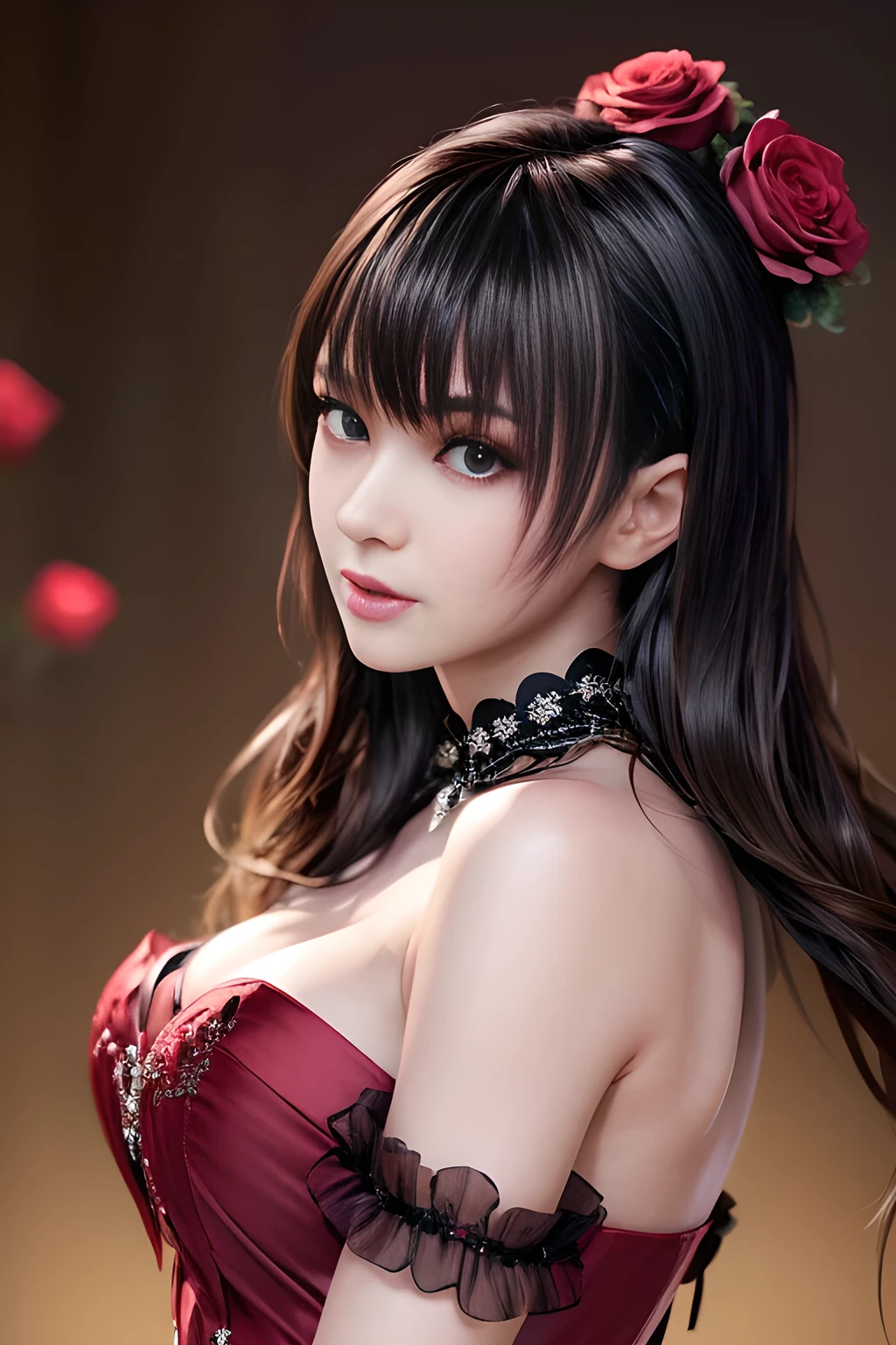 Close-up, (neon, night view, Dutch angle, from above, strapless: 1.3), masterpiece, top quality, raw photo, photorealistic, off-shoulder, red lace dress, red choker, reddish-purple eyes, up, upper body, cleavage, face light, shiny skin, film grain, chromatic aberration, absurdity, high resolution, ultra detail, detail, detailed eyes and face, sharp pupils, realistic pupils, sharp focus, sexy-inviting poses, crotch open, sweating, wet skin, shy, red cheeks, embarrassed