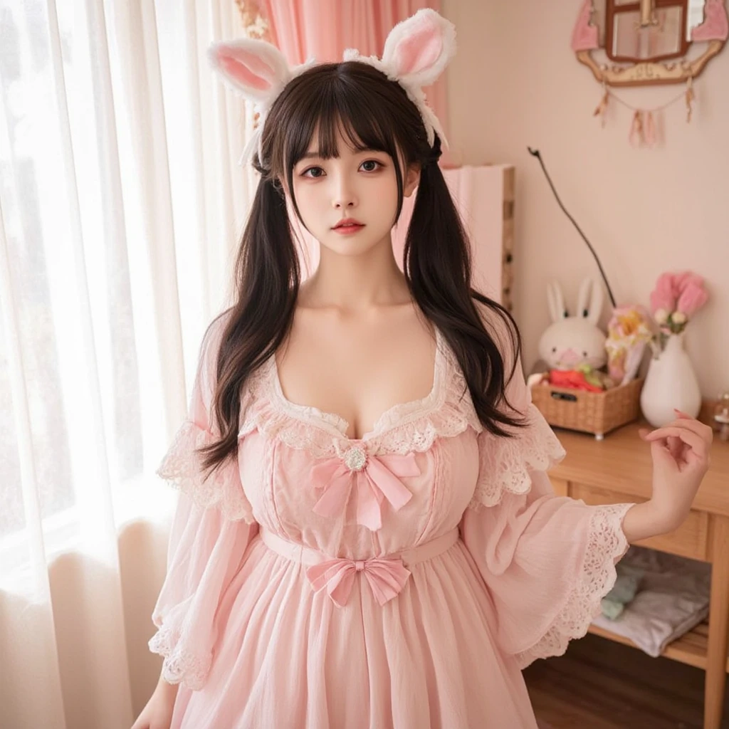 there is a woman sitting on a bed with stuffed animals, very beautiful cute catgirl, trending at cgstation, japanese goddess, ultrarealistic sweet bunny girl, [32k hd]^10, gorgeous maid, with bunny ears,  in dress, lolille delphine, 8k)), with kitsune mask, wearing a pink rabbit costume