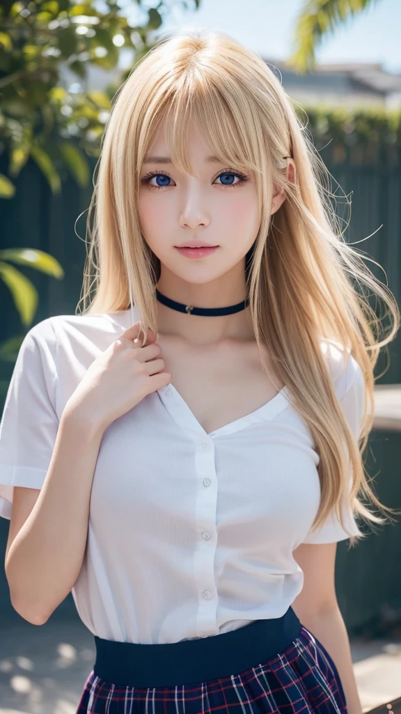 Sunburn marks on tanned skin、blush、smile、Multicolored hair color、Bangs on the face、Bangs between the eyes、Super long hair、Attractive light and dark platinum blonde super long straight silky liner hair、Beautiful bright transparent light blue big eyes that are charming and shining、A cute 15-year-old girl with a cute look, A strong wind blows my hair in front of my face、Beautiful big sparkling eyes, Cute eyes hidden by long bangs、Yawn、No visible nasolabial folds、A short, light-colored miniskirt、A cute and colorful summer shirt、Korean Beauty、Dark blush on the cheeks