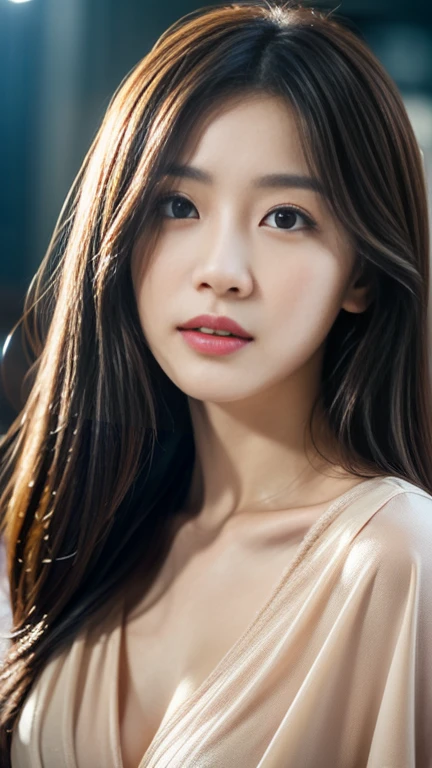 Tabletop, highest quality, Realistic, Very detailed, finely, High resolution, 8k wallpaper, One beautiful woman,, Light brown messy hair, He is wearing a black see-through open-necked shirt.。......., Sharp focus, Perfect dynamic composition, Beautiful and detailed, Thinning hair, Detailed Realistic skin texture, smile, Close-up portrait, Model Body Type、president'secretary、mini skirt、High heels、