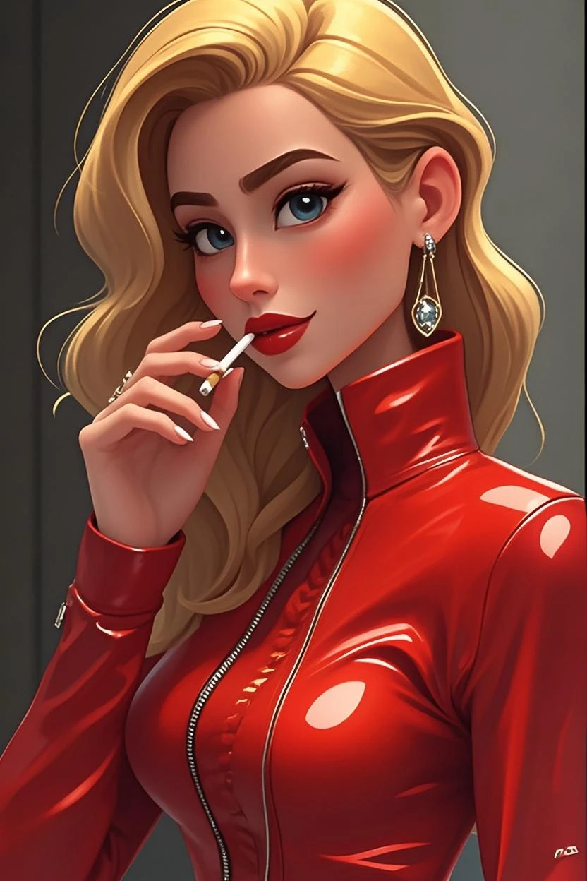 Charlie Morningstar, cabelos longos, terno vermelho, red pants, 1girl, esclera amarela, blonde hair, pele branca, anatomia perfeita, assustada, boca com batom preto carnuda, Hazbin Hotel, Charlotte Magne, Realista, 3D, Blender, Daz Stúdio, Demon, Hd, Full, 8K, ultra