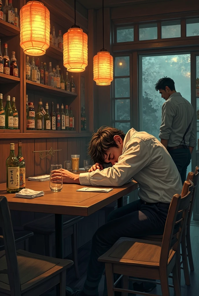 A drunk man who has had too much alcohol, many empty wine glasses, many liquor bottles, a counter bar, a morning window, sunlight, an empty image,