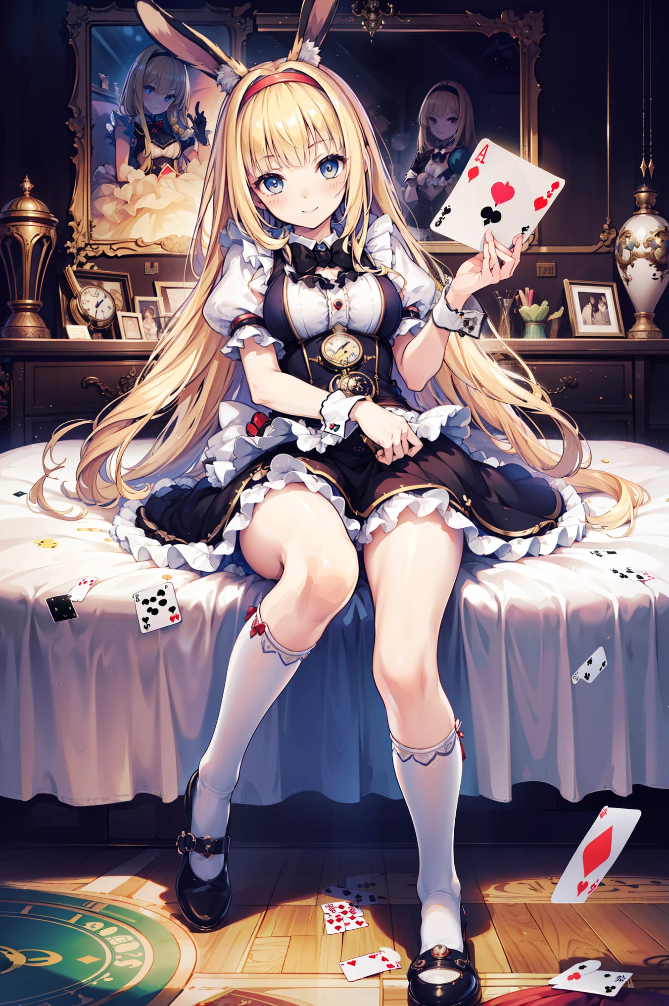  ( Double Bomb ,  Brant Bang,   Straight Blonde  ),     ,, (Ultra precise, Absolute determination, best quality:1.3), 2.5D,  Delicate and Dynamic , art photo,     super realistic  ,  graphic CG digital cartoon style art，4K, Reality,very detailed,Rabbit ears、 Bunny Costume,Bunny Girl、Soft theme 、 Smile、(((Alice in Wonderland)))、((Pocket Watch ))、(black tuxedo miniskirt dress)、 Knee socks、((Play cards ))、(( Exquisite Artwork ))，(   Detailed original photo of the girl  ), ( masterpiece:1.25), ( top quality combat bed:1.6), (Ultra High Resolution:1.5), (Reality:1.75),  8k resolution,:1.6),    Canon EOS R5  , [50 mm,very detailedな,movie lights