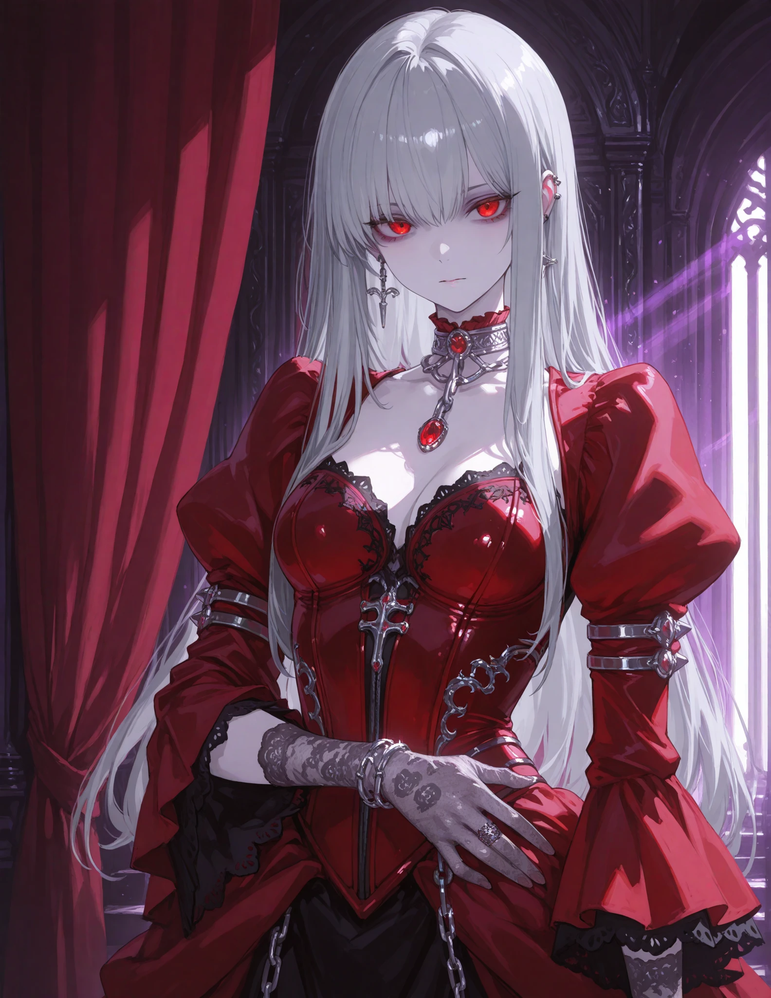 Female Vampire With Ruby Eyes Sitting Sexily on Throne, Long White Hair,
(best quality, highres: 1.2)
1 vampire, ruby eyes, long white hair, extremely detailed, long lashes, dark background, exquisitely rendered, close-up portrait, vampiric elegance, bare shoulders, seductive smile, sensual pose, sitting, red lips, sharp fang, high-contrast lighting, vampire-themed crown, Gothic throne  