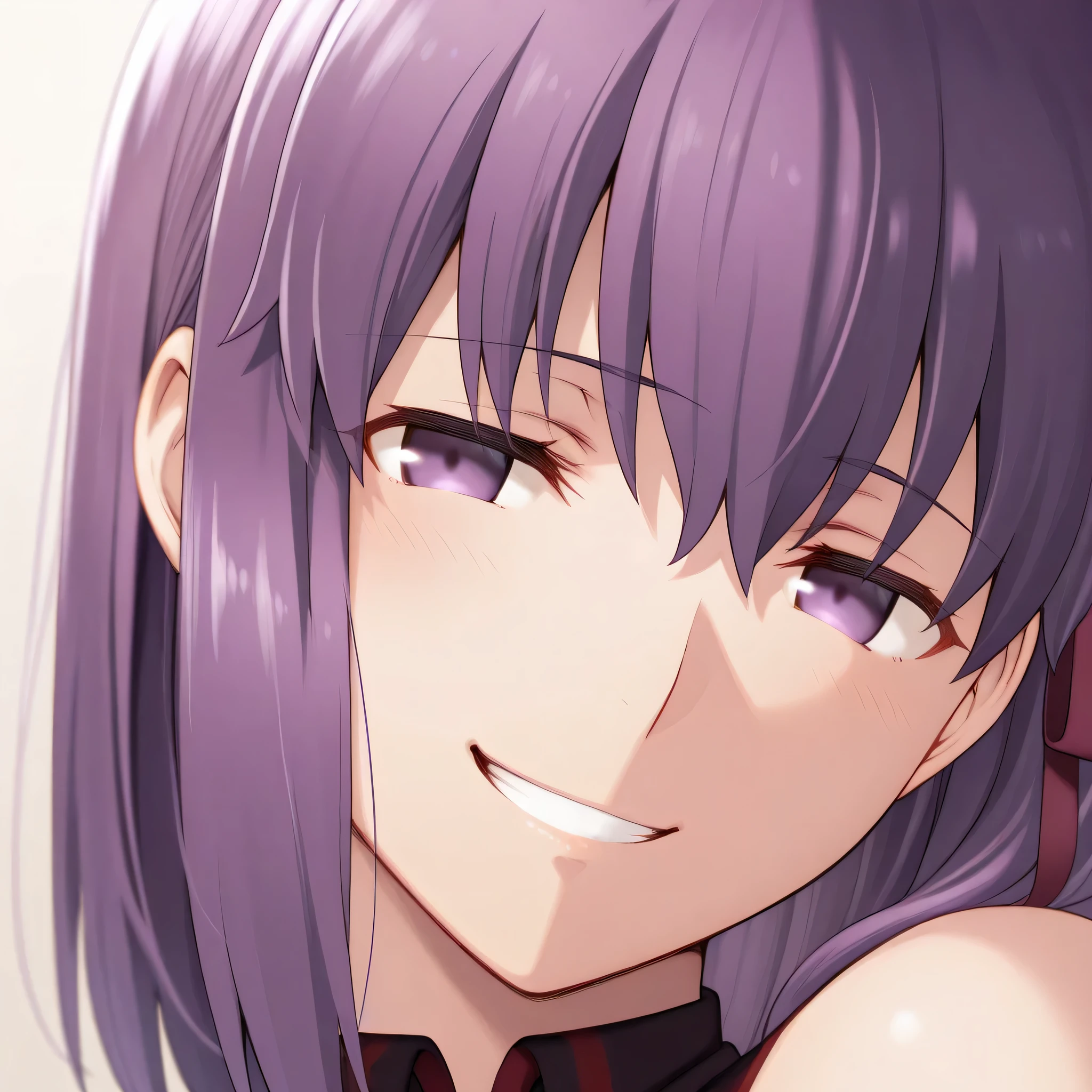 sakura matou, close up, showing confidence, head tilt, smug face, grin smile