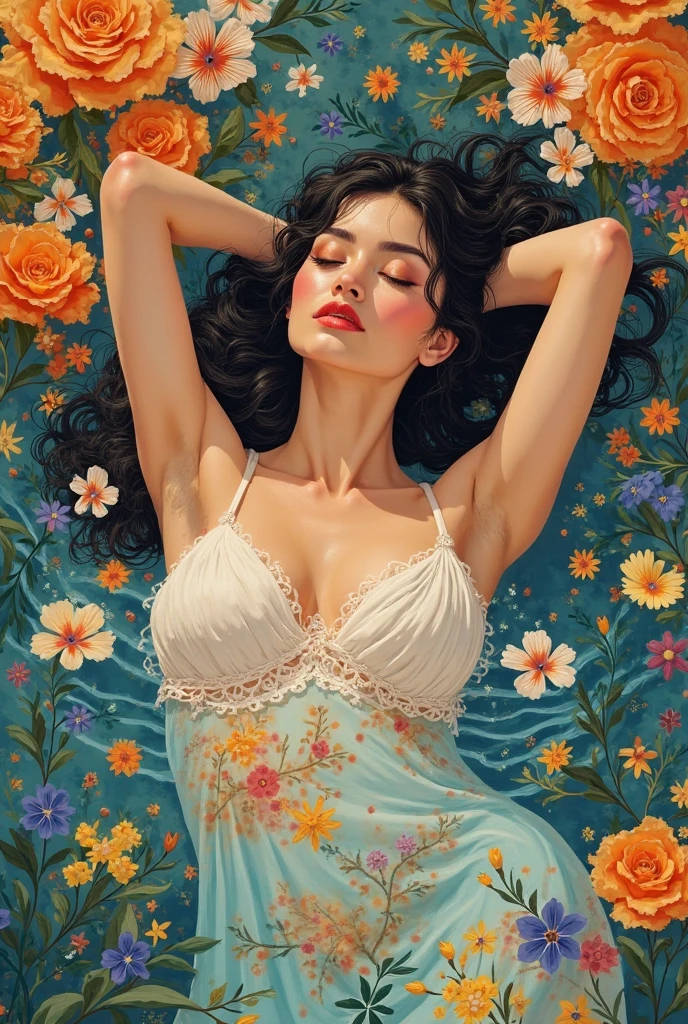 painting of a woman laying In a field of flowers, Acrylic painting inspired by Konstantin Somov, tumblr, Process art, Girl in flower bed, Fantasy illustrations, Girl in the flowers, Woman in flowers, 漂浮在Girl in the flower field, In a field of flowers, Juster Battle, Girl in the flower field, Gouache illustration, Flower Dream, Gouache