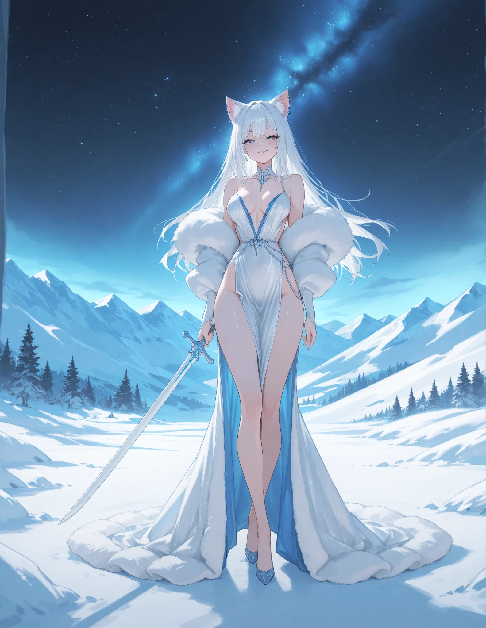 character with silvery white hair, with a slightly sensual pose. The character should have large breasts and the legs should also be very apparent. 
The character's hair sways slightly in the breeze.
The character's breasts sway softly as she breathes.
Young beauty spirit.
In the background, a pine forest lightly covered by snow.